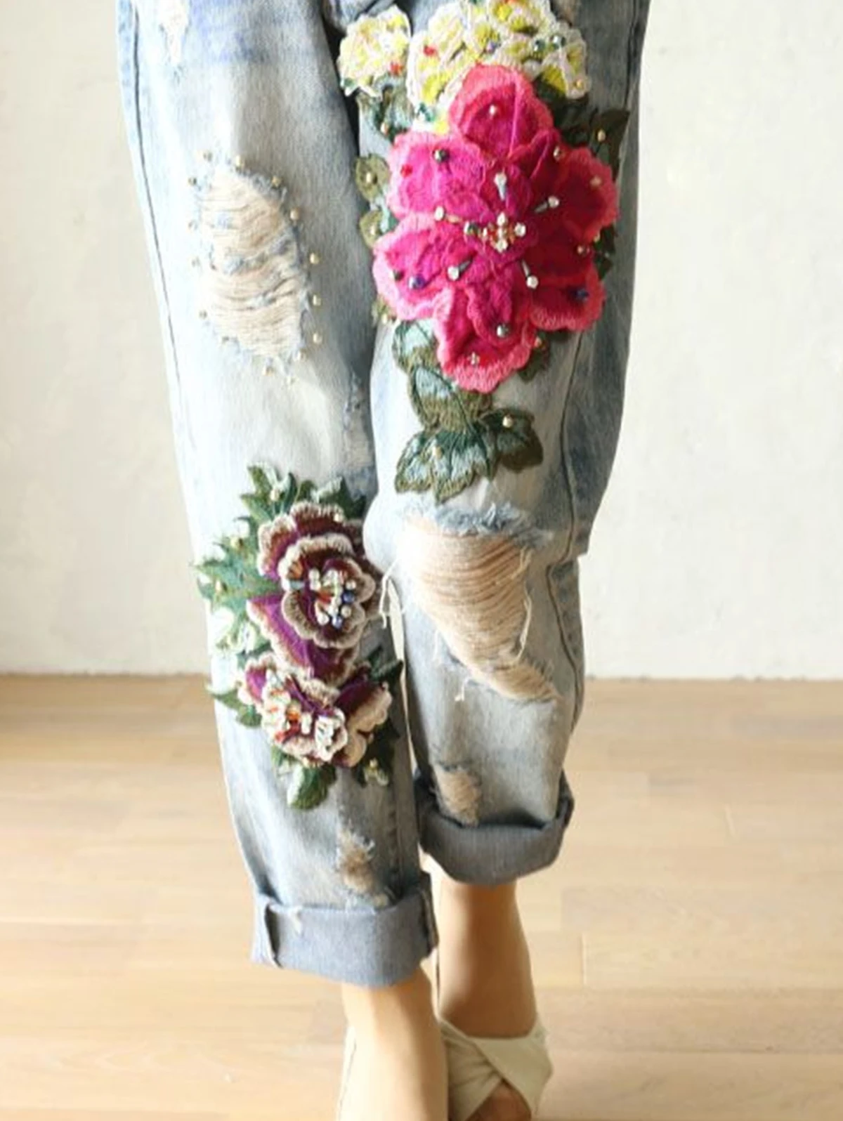 Embroidery Effect - Elegante damesjeans met bloemenborduurwerk, boho-stijl, wijde