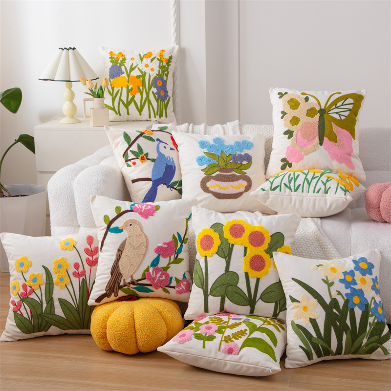 Embroidery Effect - Katoenen canvas 3D-effect vogels borduurwerk sierkussenhoes