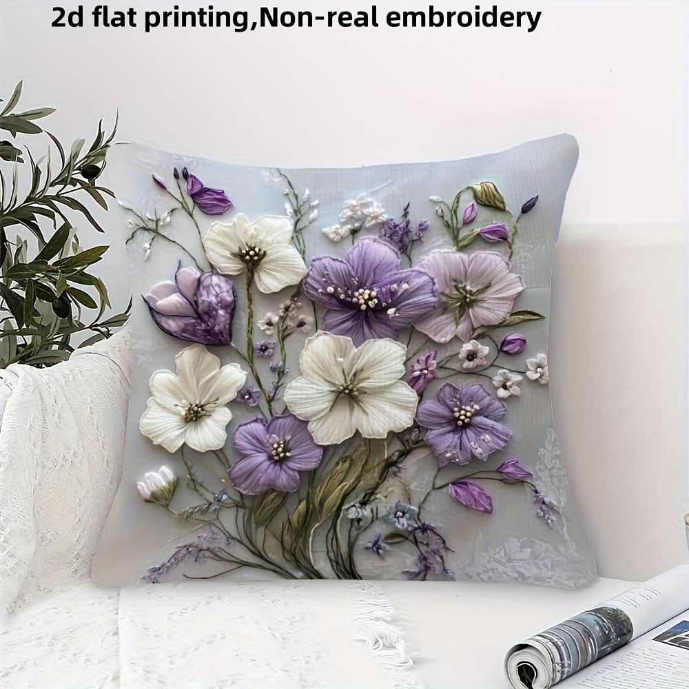 Embroidery Effect - 2D-effect paars-witte bloemen kussenhoes, faux borduurwerk