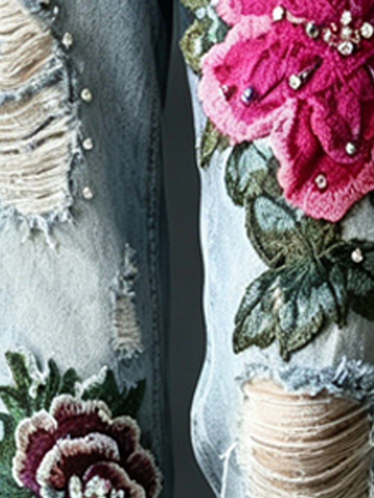 Embroidery Effect - Dames vintage distressed jeans met 3D