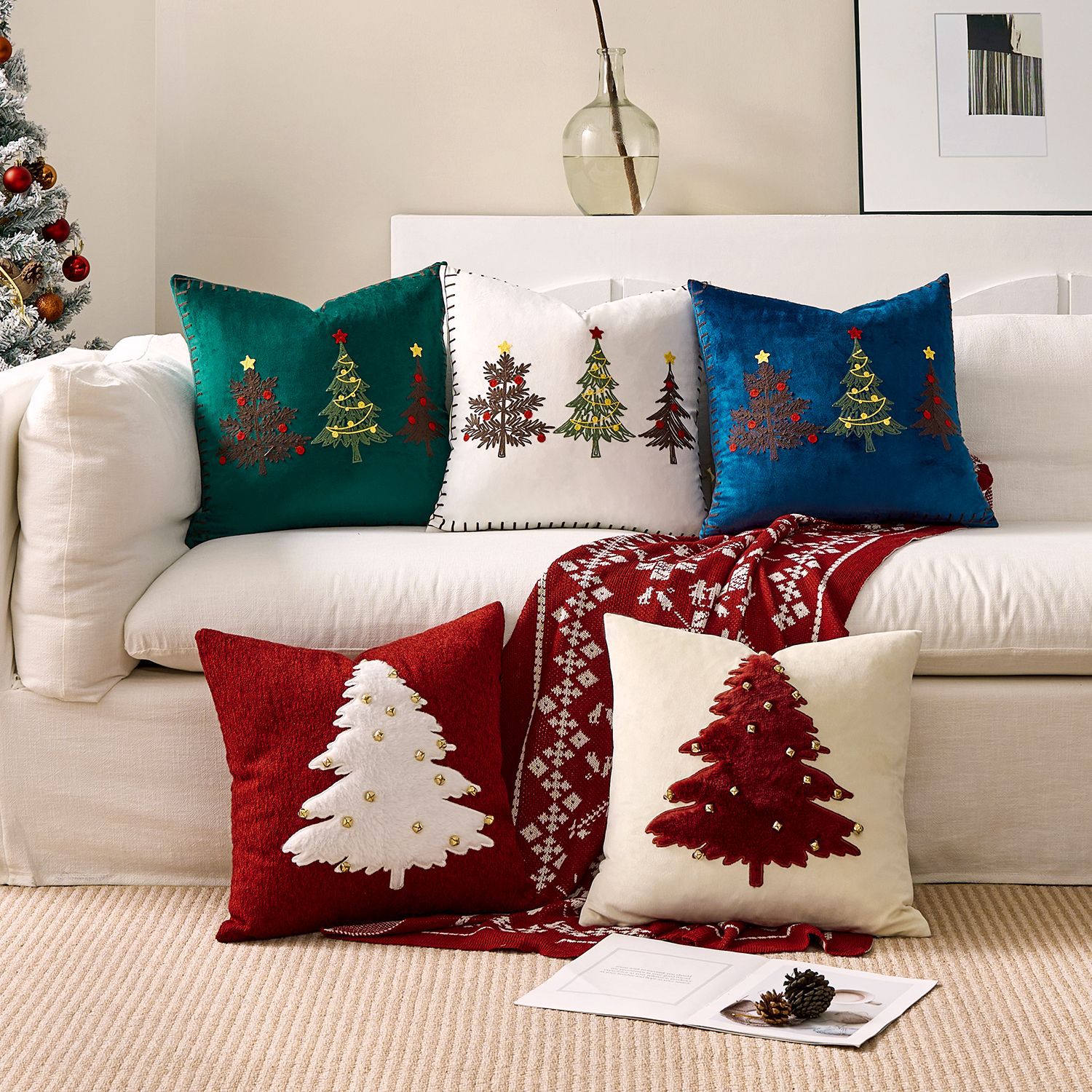 Embroidery Xmas Tree - 1pc borduurwerk kussenhoes kerst kussensloop groen