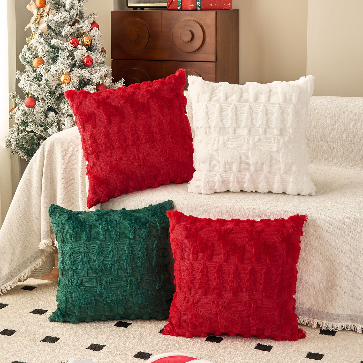 Embroidery Xmas Tree - Kerst pluche kussensloop set met 3D