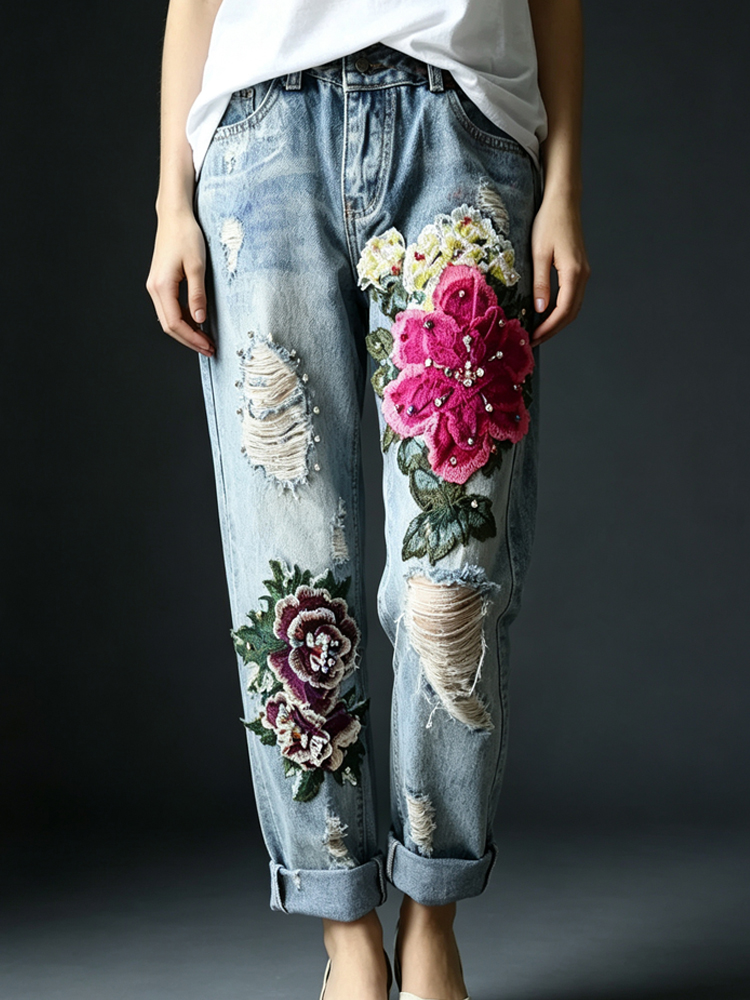 Dames vintage distressed jeans - Embroidery Effect recensie en prijs