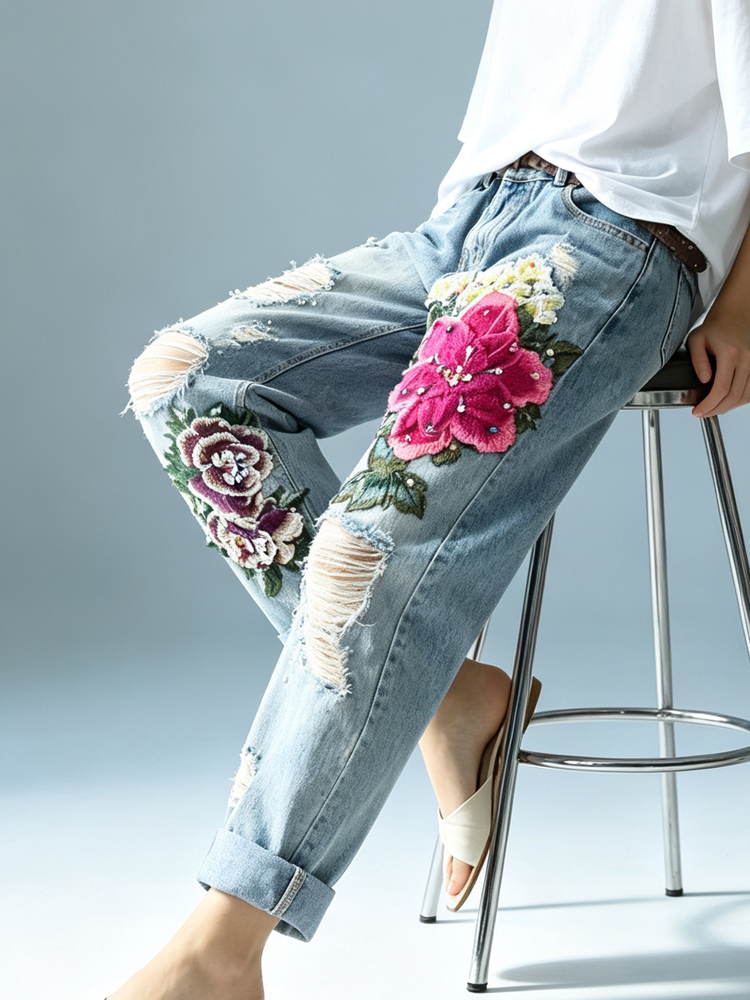Dames vintage distressed jeans - Embroidery Effect recensie en prijs