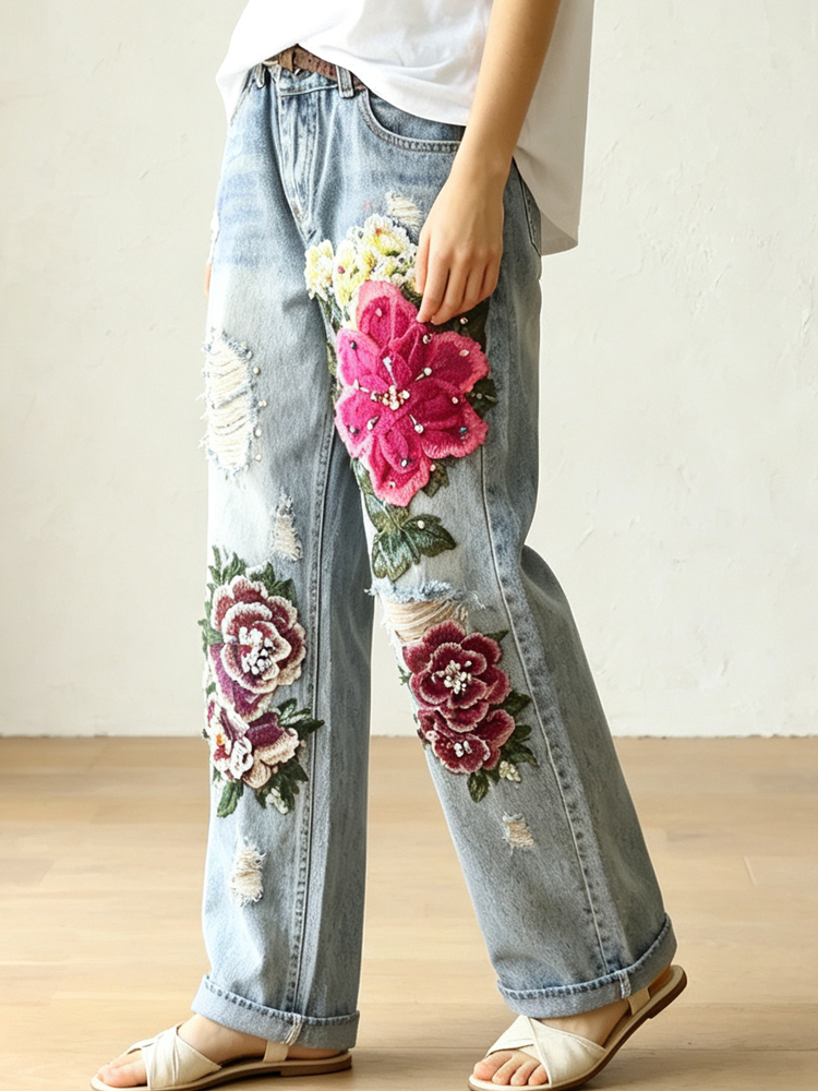Dames vintage distressed jeans - Embroidery Effect recensie en prijs